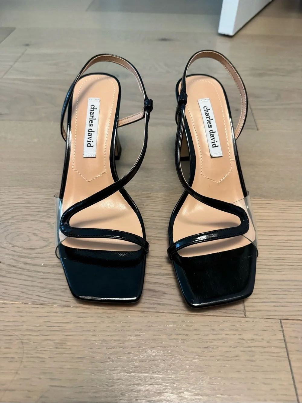 Charles David Black Patent Block Heel Slingback Sandals with Clear Strap - Picture 2 of 3
